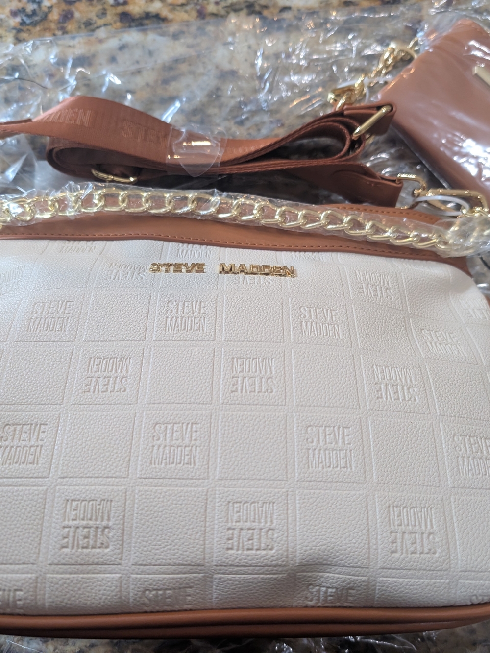 Steve Madden Cream and Tan Logo-Embossed Crossbody with Gold Chain
